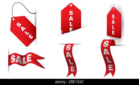 ribbon sale banners, sale badges collection in red color. vector illustration Stock Vector