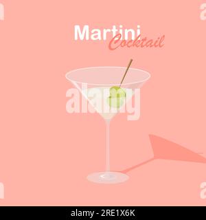 Poster Martini cocktail with olives. Drinks in a glass. Vector illustration in trendy flat style isolated on pink background. Stock Vector