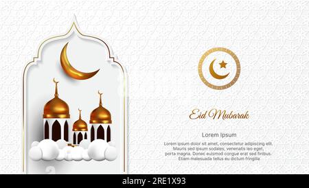 luxury Eid Mubarak background in white and gold color with 3d islamic decoration. vector illustration Stock Vector