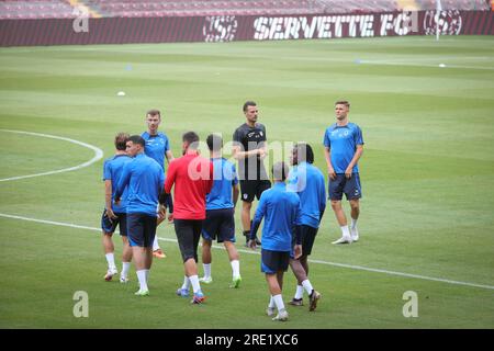 Geneva, Switzerland. 24th July, 2023. Genk's players pictured at the start of a training session of Belgian soccer team KRC Genk, Monday 24 July 2023 in Geneva, Switzerland, in preparation of tomorrow's match against Servette FC in the second qualifying round for the UEFA Champions League competition. BELGA PHOTO VIRGINIE LEFOUR Credit: Belga News Agency/Alamy Live News Stock Photo