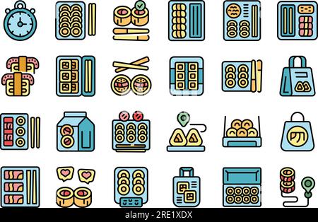 Sushi to go icons set outline vector. Food box. Meal takeout thin line color flat on white Stock Vector