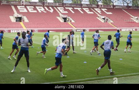 Geneva, Switzerland. 24th July, 2023. Illustration picture shows the start of a training session of Belgian soccer team KRC Genk, Monday 24 July 2023 in Geneva, Switzerland, in preparation of tomorrow's match against Servette FC in the second qualifying round for the UEFA Champions League competition. BELGA PHOTO VIRGINIE LEFOUR Credit: Belga News Agency/Alamy Live News Stock Photo