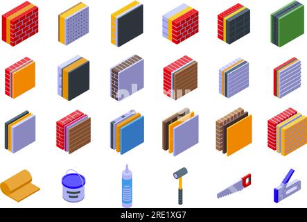 Building insulation icons set isometric vector. Rool wool. Home wall Stock Vector