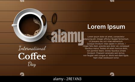 international coffee day banner design with wooden background. vector illustration Stock Vector