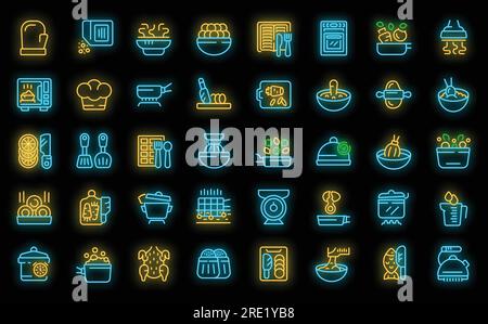 Preparation food icons set outline vector. Cook prepare. Table bake neon color on black Stock Vector