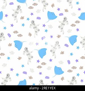 Vector seamless pattern with scuba diver, devilfish, algae, starfish,.Underwater cartoon creatures.Marine background.Cute ocean pattern for fabric Stock Vector