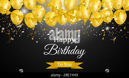 happy birthday background with golden balloons and confetti on black background. suitable for greeting card, banner, etc. vector illustration Stock Vector
