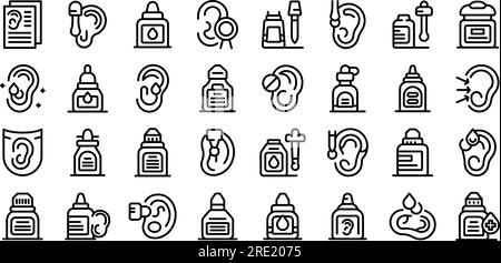 Ear drops icons set outline vector. Doctor bottle. Medicine drops Stock Vector