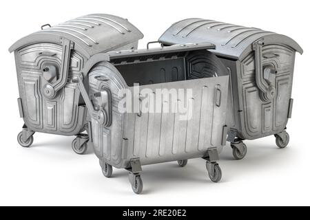 Metal garbage contaners or refuse trash bin isolated on white. 3d illustration Stock Photo