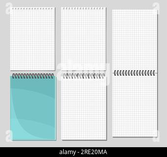 Vector Notepad Set, collection of 5 cut out illustrations of different grid notepad pages, group of opened and closed spiral notepads on grey backgrou Stock Vector