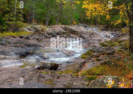 The various river features of the Amnicon River as it flows through Amnicon Falls State Park in Wisconsin. Stock Photo