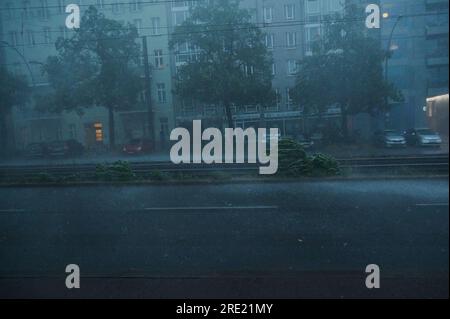 Berlin, Germany. 24th July, 2023. Heavy rain and wind come down on Prenzlauer Allee in the evening. Credit: Annette Riedl/dpa/Alamy Live News Stock Photo