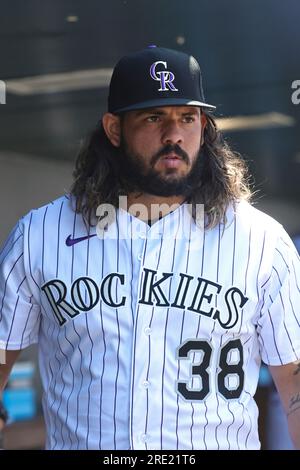Colorado Rockies designated hitter, Jorge Alfaro (38) waits for the pitch  in an MLB baseball game against the Los Angeles Angels.The Angels defeated  the Rockies 4-3 in Denver on Sunday, June 25