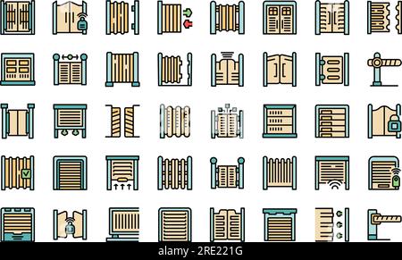 Automatic gates icons set outline vector. Security car. House gate thin line color flat on white Stock Vector