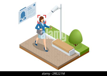 Isometric Face Recognition and Personal Identification Technologies in Street Surveillance Cameras. Face Recognized Accurately With Intellectual Stock Vector