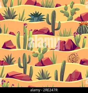 Desert cacti seamless pattern. Cartoon plants and rocks with sandy landscape, succulents and tumbleweed, arid nature. Decor textile, wrapping paper Stock Vector