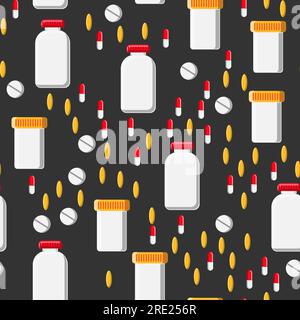 Medical seamless pattern, texture from medicinal pharmaceutical tablets, cans, capsules, vitamins, drugs, antibiotics, omega 3 fish oil isolated on a Stock Vector
