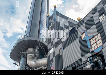 Vienna, Austria, 17 july 2023. The spittelau waste incineration factory hundertwassers iconic creation in vienna, blending art, sustainability, and fu Stock Photo