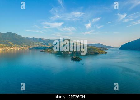 Aerial view of Loreto Island with the castle on Lake Iseo in Northern Italy, Brescia, Lombardy. Stock Photo