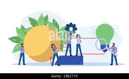 Eco energy vector alternative ecology illustration clean environment. Power solar renewable nature panel with people. Electric Earth sun business tech Stock Vector
