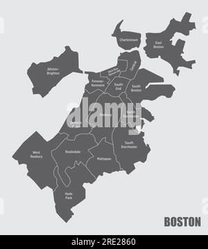 Boston city, administrative map isolated on gray background Stock Vector