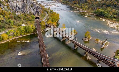 Drone aerials of Harper's Ferry, WV train bridges. Stock Photo