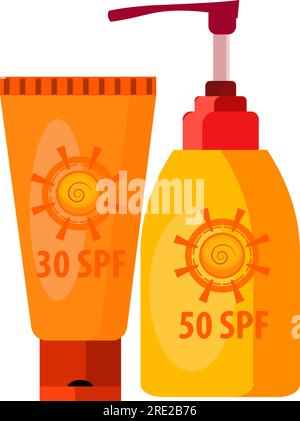 Sunblock cream. Tube, flask, lotion Stock Vector