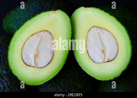 Avocado (Persea americana) cut in two through the central seed/pit/kernel. Stock Photo
