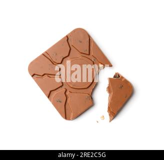 Chocolate with nuts and raisins square shape with a broken corner on a white background, flat lay, top view. Stock Photo