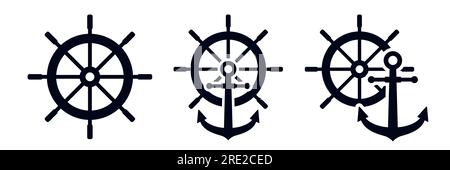 Ship steering wheel icon and steering wheel anchor symbols vector illustration icon set Stock Vector