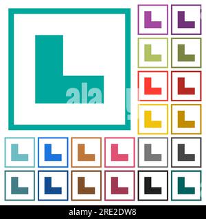 Bottom left angle arrow solid flat color icons with quadrant frames on white background Stock Vector