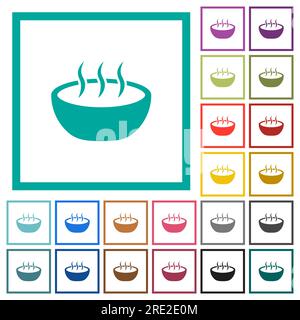 Steaming bowl flat color icons with quadrant frames on white background Stock Vector