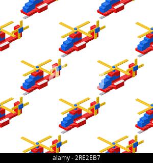 Pattern with helicopters assembled from plastic blocks in isometric style for print and decoration. Vector illustration. Stock Vector