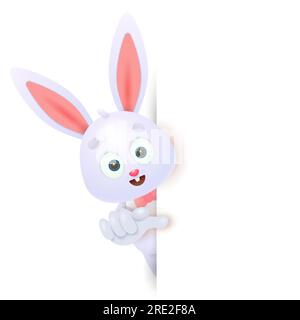 Cute bunny peeking around blank banner and pointing at it Stock Vector