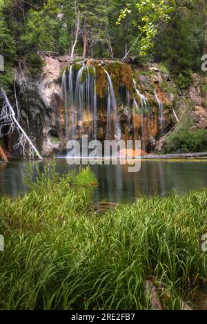Hanging Lake in central Colorado, an isolated mountain lake featuring waterfall and green growth. Stock Photo