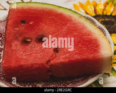close-up of watermelon slice on plate Stock Photo