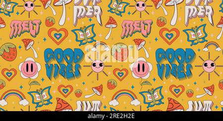 Y2k pattern sun,heart,rainbow,butterfly,mushroom,flower,strawberry.Melt,good vibes,summer.retro style packaging,print Stock Vector