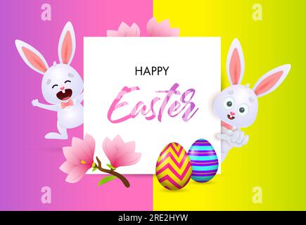 Happy Easter lettering with rabbits, flowers and eggs Stock Vector