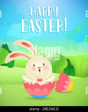 Happy Easter lettering, rabbit hatching from egg and landscape Stock Vector