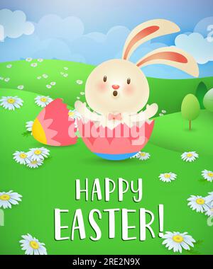 Happy Easter lettering, bunny hatching from egg and landscape Stock Vector