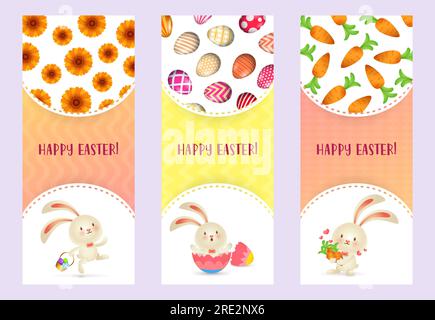 Happy Easter letterings set with cute bunnies, carrots and eggs Stock Vector