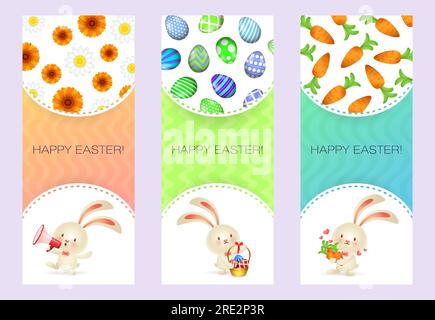 Happy Easter letterings set with cute rabbits, eggs and carrots Stock Vector