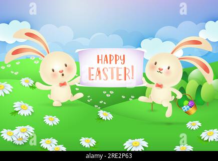 Happy Easter lettering on banner held by two cheerful bunnies Stock Vector