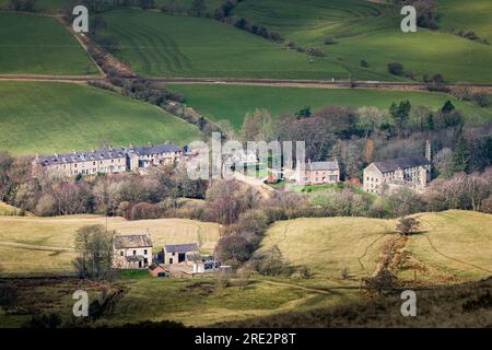 Aerial view of old stone cottages in a small village in Hope Valley, Peak District, Derbyshire, UK Stock Photo