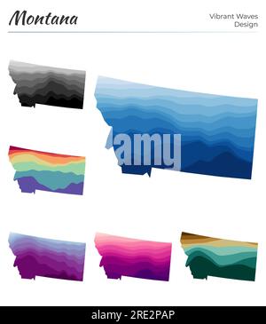 Set of vector maps of Montana. Vibrant waves design. Bright map of us state in geometric smooth curves style. Multicolored Montana map for your design Stock Vector