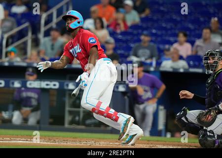 Miami Marlins designated hitter Jorge Soler (12) in the fifth inning of a  baseball game Wednesday, May 24, 2023, in Denver. (AP Photo/David  Zalubowski Stock Photo - Alamy