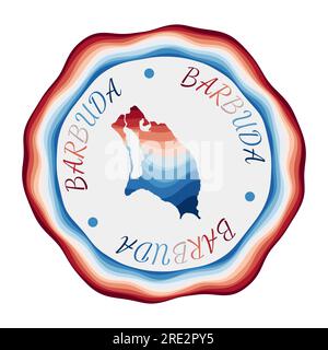 Barbuda badge. Map of the island with beautiful geometric waves and vibrant red and blue frame. Vivid round Barbuda logo. Vector illustration. Stock Vector