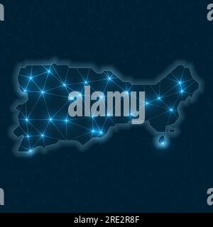Capri network map. Abstract geometric map of the island. Digital connections and telecommunication design. Glowing internet network. Stock Vector