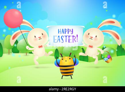 Happy Easter lettering on banner held by two bunnies and bee Stock Vector