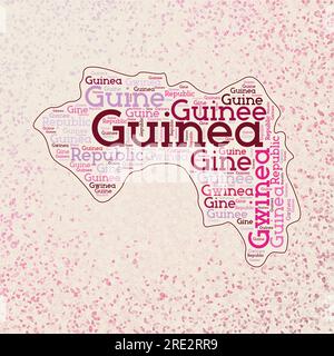 Guinea shape with country names word cloud in multiple languages. Guinea border map on awesome triangles scattered around. Stock Vector